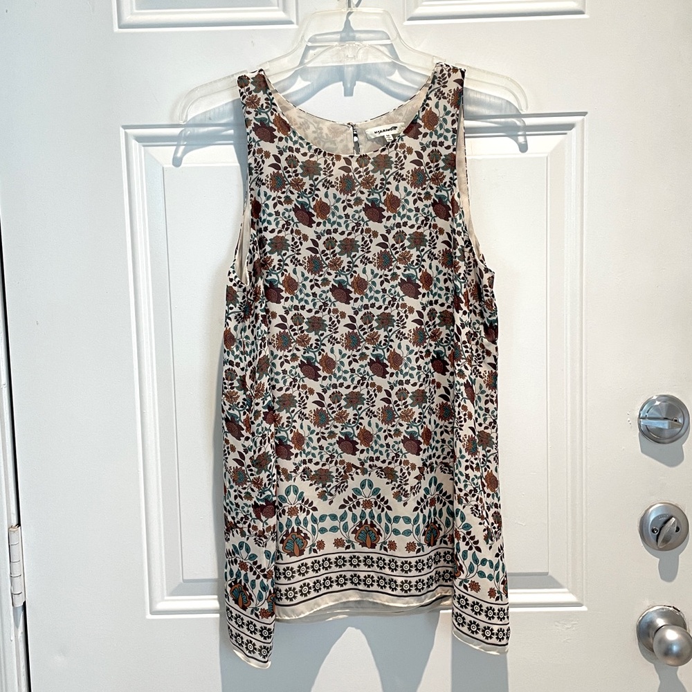 Max Studio Tuscan Floral Motif Cream Brown Green Flowy High Neck Top Size Medium